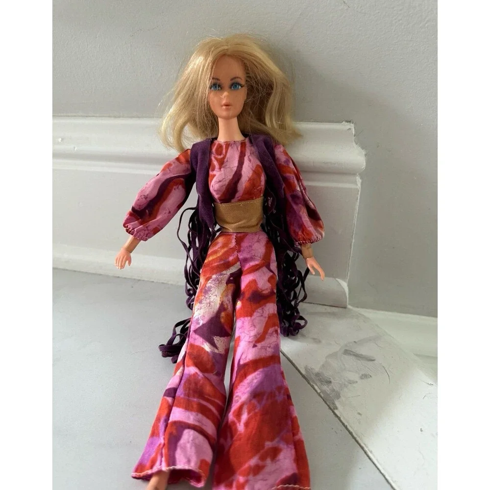 VTG 1970 Live Action Barbie Blonde Original Outfit Fringe Vest Hippie Jumpsuit
